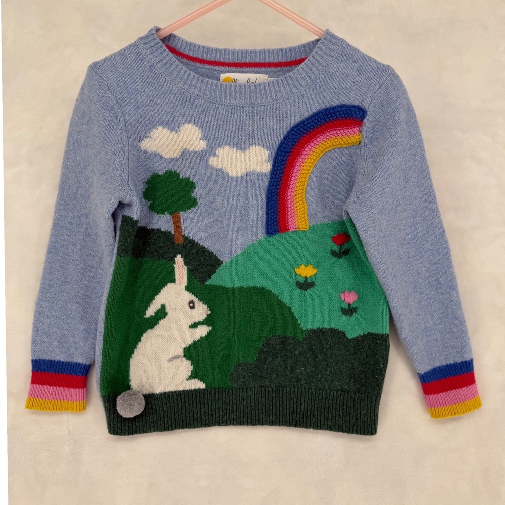 Mini Boden Kids Blue Bunny Rainbow Intarsia Knit Wool Blend Sweater 3-4Y 104cm